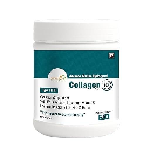 Advance Marine Hydrolyzed Collagen, Type I, II & III, With Extra Aminos, Liposomal Vitamin C, Hyaluronic Acid, Silica, Zinc & Biotin 200GM
